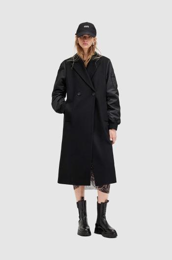 Kabát s vlnou AllSaints PAULAH černá barva, přechodný, dvouřadový, W007OZ