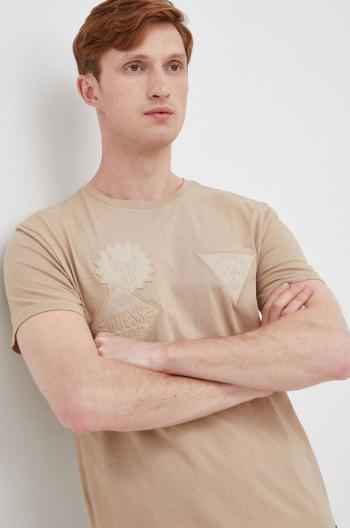 Bavlněné tričko Guess béžová barva, s aplikací
