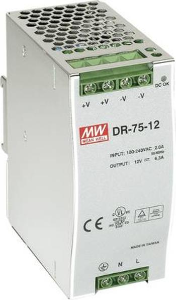 Síťový zdroj na DIN lištu Mean Well DR-75-12, 1 x, 12 V/DC, 6.3 A, 76 W