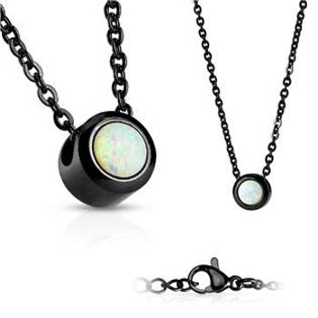 Šperky4U Černý ocelový náhrdelník s opálem bílé barvy - OPD0014-OP17