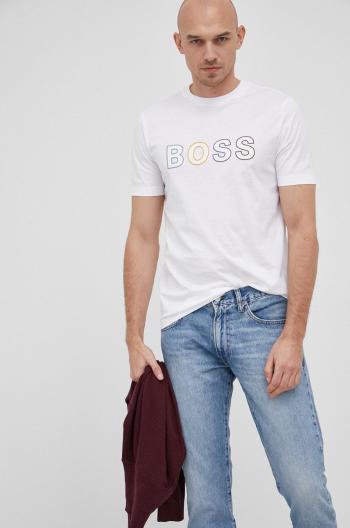 Bavlněné tričko Boss bílá barva, s potiskem