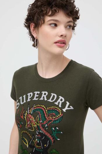 Bavlněné tričko Superdry zelená barva