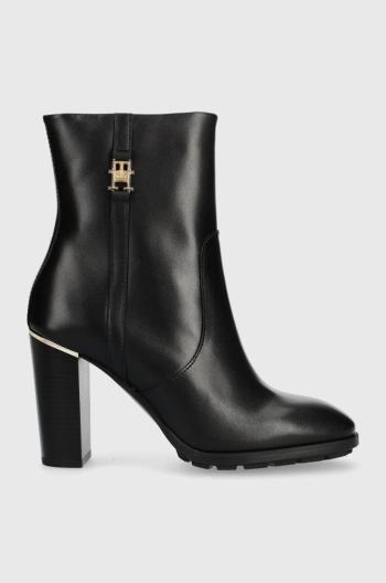 Kožené kotníkové boty Tommy Hilfiger FEMININE TH HARDWARE BOOTIE dámské, černá barva, na podpatku, FW0FW07540