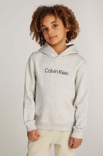 Dětská bavlněná mikina Calvin Klein Jeans šedá barva, s kapucí, s potiskem, IU0IU00679