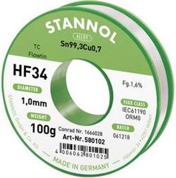 Bezolovnatý pájecí cín Stannol HF34 1,6% 1,0MM FLOWTIN TC CD 100G, cívka, bez olova, 100 g, 1 mm