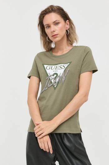 Bavlněné tričko Guess zelená barva