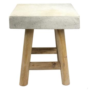 Dřevěná stolička s šedo bílým čtvercovým podsedákem z hovězí kůže - 35*35*35cm OMCKVG