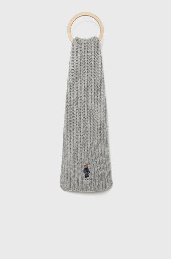 Šátek z vlněné směsi Polo Ralph Lauren šedá barva, s aplikací