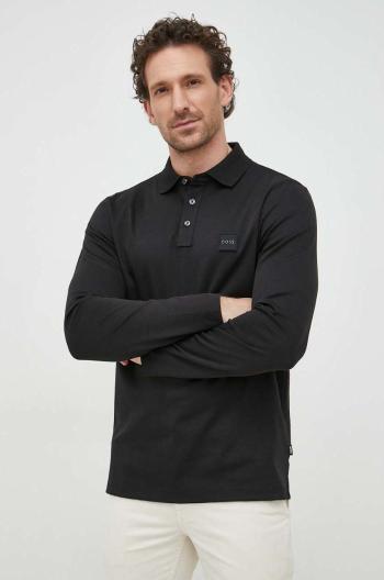 Bavlněné tričko s dlouhým rukávem BOSS černá barva, s aplikací