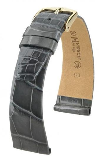 Řemínek Hirsch Prestige Alligator - šedý, lesk - 19 mm - L – Standardní délka (doporučujeme) - 14 mm - Zlatá