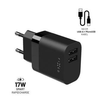 FIXED Set síťové nabíječky s 2xUSB výstupem a USB/micro USB kabelu, 1 metr, 17W Smart Rapid Charge FIXC17N-2UM-BK, černá