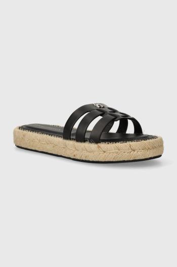 Kožené pantofle Tommy Hilfiger AUTHENTIC FLAT LTHR ESPADRILLE dámské, černá barva, na platformě, FW0FW07745