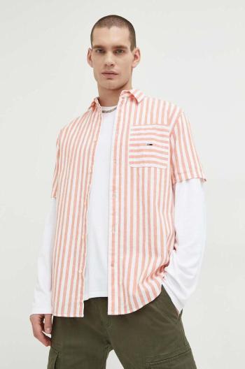 Košile ze směsi lnu Tommy Jeans oranžová barva, relaxed, s klasickým límcem