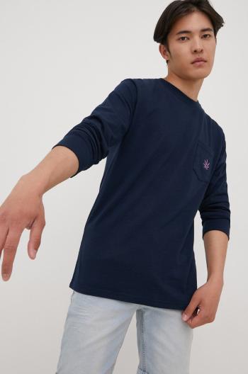 Bavlněné tričko s dlouhým rukávem HUF tmavomodrá barva, s aplikací