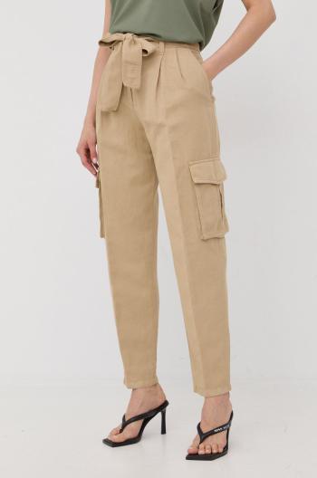 Kalhoty s příměsí lnu HUGO béžová barva, kapsáče, high waist