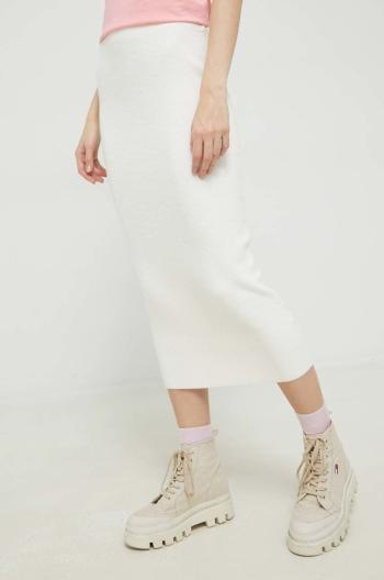 Vlněná sukně HUGO bílá barva, midi, pouzdrová