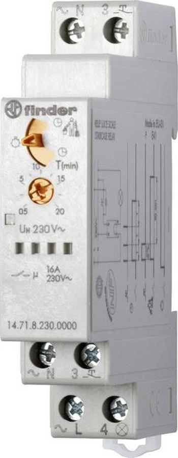 Schodišťové časové relé multifunkční Finder 14.71.8.230.0000, 230 V/AC, čas.rozsah: 30 s - 20 min, 1 spínací kontakt, 1 ks