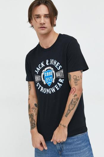 Bavlněné tričko Jack & Jones černá barva, s potiskem