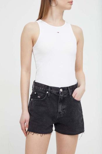 Džínové šortky Tommy Jeans dámské, černá barva, hladké, high waist, DW0DW17633