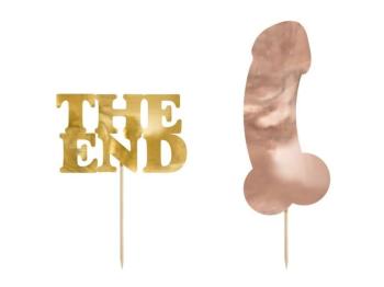 Dekorace na dort penis růžovozlatý a nápis "THE END" zlatý - 2 ks - Rozlučka se svobodou - PartyDeco