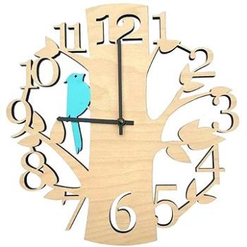 AMADEA Dřevěné hodiny nástěnné ve tvaru stromu s modrým ptáčkem, masivní dřevo, průměr 30 cm (20439-0B)