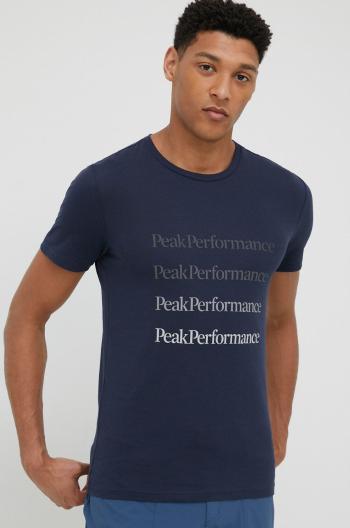 Bavlněné tričko Peak Performance tmavomodrá barva, s potiskem