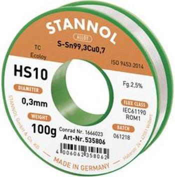 Bezolovnatý pájecí cín Stannol HS10 2,5% 0,3MM SN99,3CU0,7 CD 100G, bez olova, cívka, 100 g, 0.3 mm