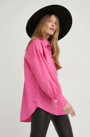 Bavlněné tričko Answear Lab růžová barva, relaxed, s klasickým límcem