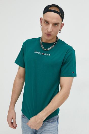 Bavlněné tričko Tommy Jeans zelená barva, s aplikací