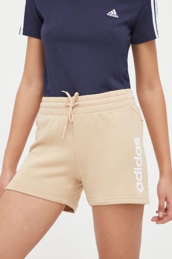 Bavlněné šortky adidas béžová barva, s potiskem, high waist, IS2079