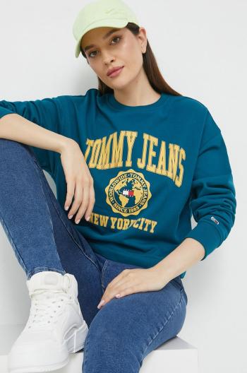 Mikina Tommy Jeans dámská, tyrkysová barva, s potiskem