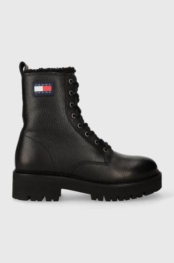 Kožené workery Tommy Jeans TJW URBAN BOOT TUMBLED LTR WL dámské, černá barva, na plochém podpatku, zateplené, EN0EN02317