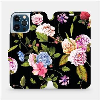 Flipové pouzdro na mobil Apple iPhone 12 Pro Max - VD07S Růže a květy na černém pozadí (5903516377541)