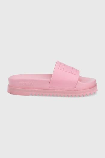 Pantofle Tommy Jeans dámské, růžová barva, na platformě