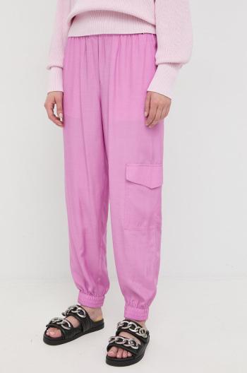 Kalhoty BOSS dámské, fialová barva, kapsáče, high waist