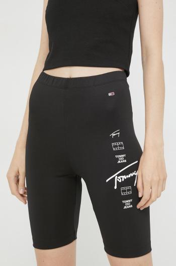 Kraťasy Tommy Jeans dámské, černá barva, s potiskem, high waist