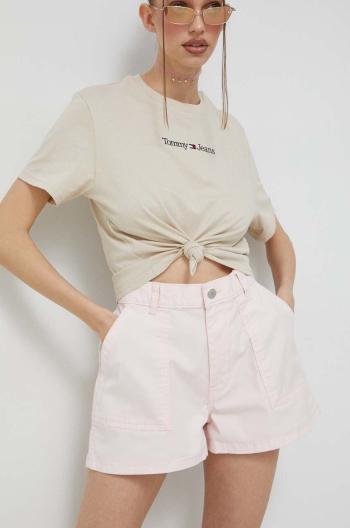 Kraťasy Tommy Jeans dámské, růžová barva, hladké, high waist