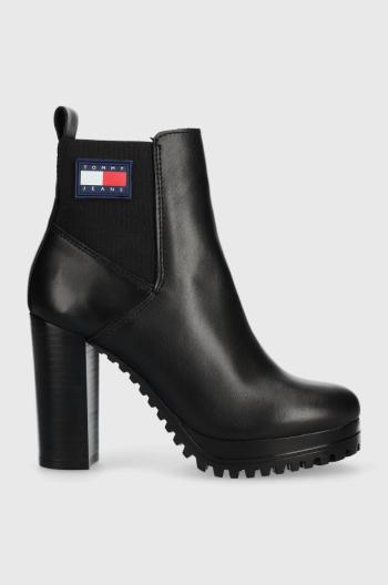 Kožené kotníkové boty Tommy Jeans TJW NEW ESS HIGH HEEL BOOT dámské, černá barva, na plochém podpatku, EN0EN02439