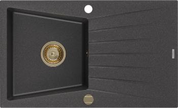 MEXEN/S Cesar granitový dřez 1 s odkapávačem 775x470 mm, černá kropenatá,+ zlatý sifon 6514771010-76-G