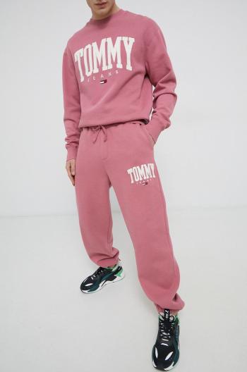 Kalhoty Tommy Jeans pánské, růžová barva, s aplikací
