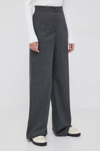 Vlněné kalhoty Emporio Armani šedá barva, široké, high waist