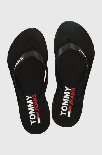 Žabky Tommy Jeans Flag Beach Sandal dámské, černá barva, na plochém podpatku
