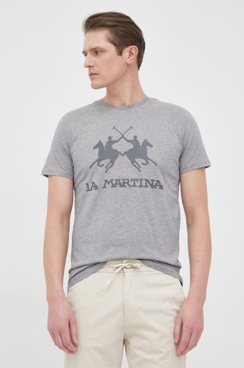 Bavlněné tričko La Martina šedá barva, s aplikací