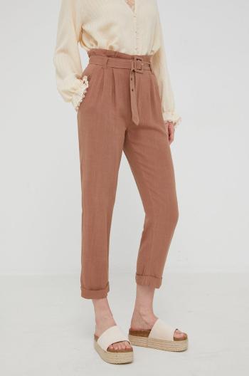 Kalhoty s lněnou směsí Answear Lab dámské, hnědá barva, jednoduché, high waist