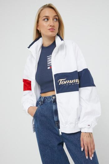 Bunda Tommy Jeans dámská, bílá barva, přechodná, oversize