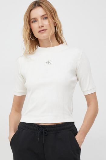 Tričko Calvin Klein Jeans béžová barva, s pologolfem