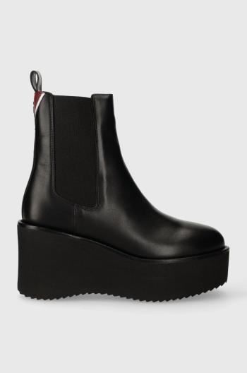 Kožené kotníkové boty Tommy Hilfiger ELEVATED WEDGE BOOTIE dámské, černá barva, na klínku, FW0FW07657