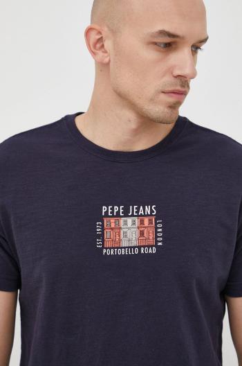 Bavlněné tričko Pepe Jeans Azzo tmavomodrá barva, s potiskem