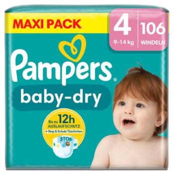 Pampers Plenky Baby-Dry, velikost 4, 9-14 kg, maxi balení (1 x 106 plenek)