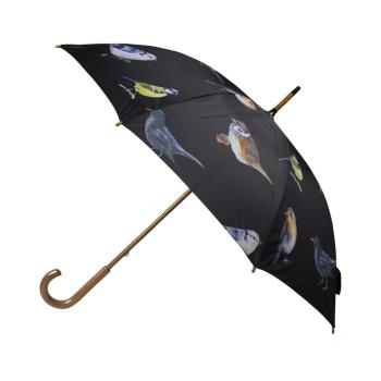 Černý deštník s ptáčky a dřevěnou rukojetí Garden birds - Ø 105*88cm BBPTV